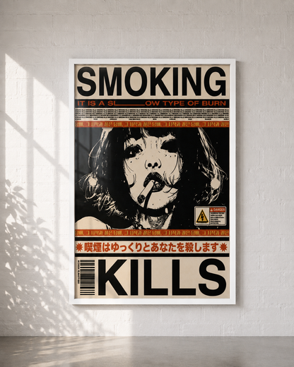 A framed poster with a high-contrast black, white, and orange graphic design featuring the word 'SMOKING' at the top and 'KILLS' at the bottom, displayed on a white wall with soft window shadows.