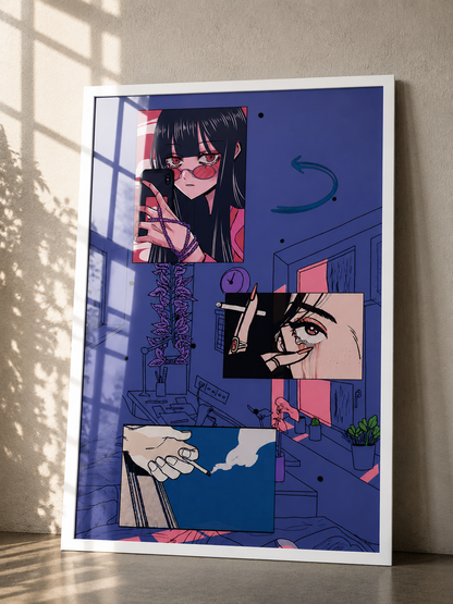 A framed vertical art print featuring a stylized anime-inspired collage in shades of blue, pink, black, and white, leaning against a beige wall on a wooden floor with window shadow light casting across the scene.