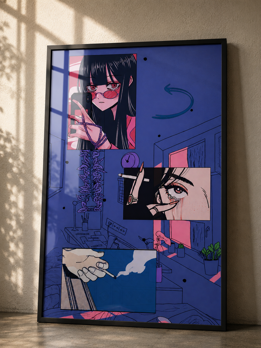 A framed art print featuring a stylized anime-inspired collage in shades of blue, pink, black, and white, leaning against a beige wall with natural window shadows.