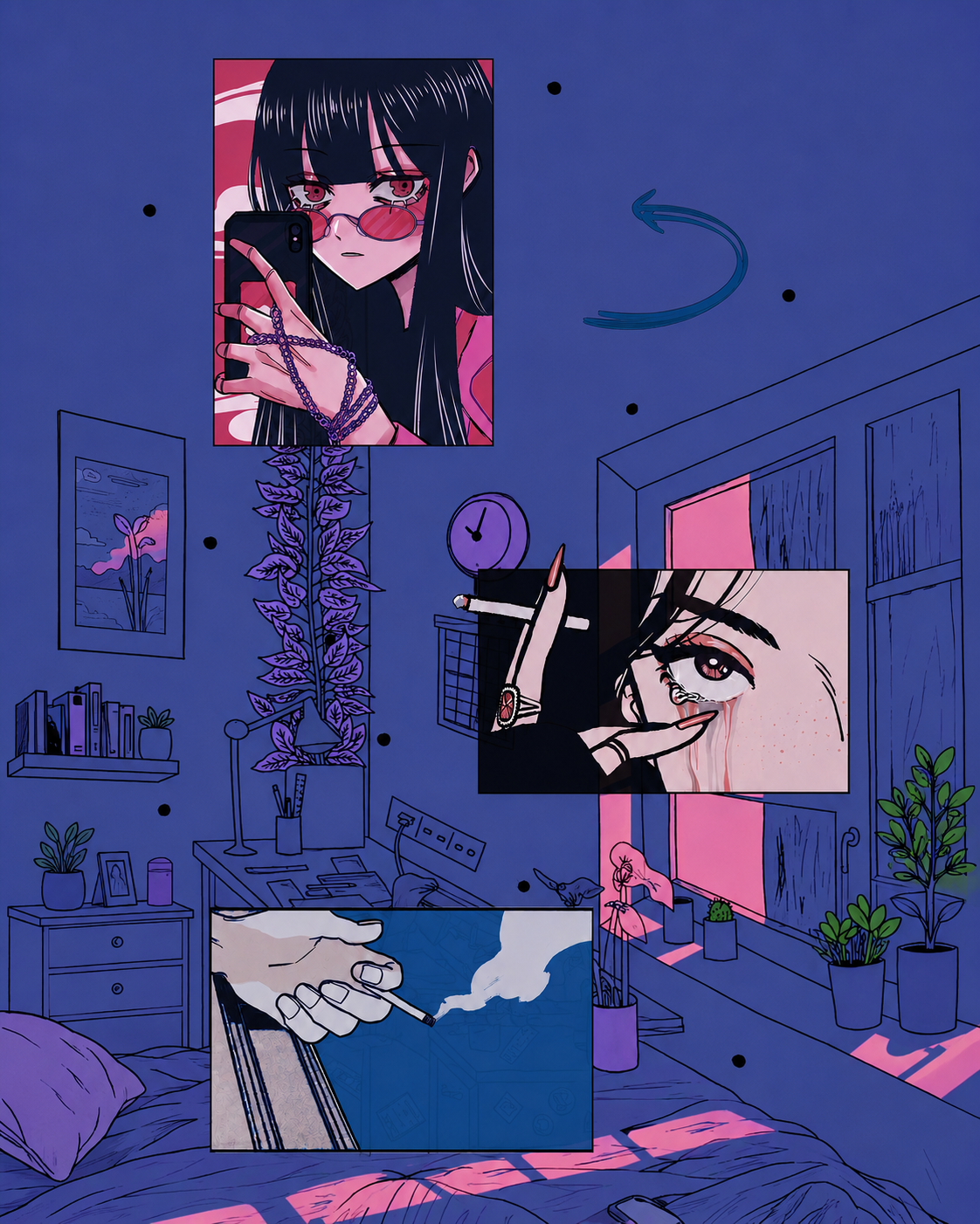 A stylized illustrated poster of a bedroom scene in deep blue and purple tones, with three inset comic-style panels showing a girl with dark hair and red glasses, a close-up of a hand holding a cigarette, and a cigarette resting on a windowsill. The composition is graphic and moody rather than a straightforward product photo.