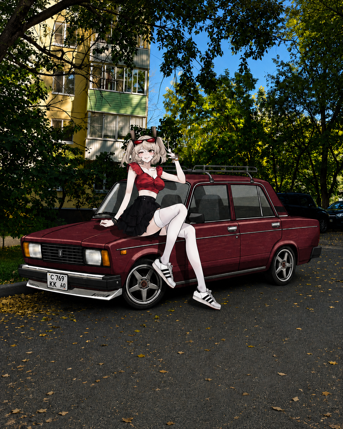 A stylized anime character with pink hair and a red-and-black outfit sits on the front of a dark red sedan parked outdoors on a street with trees, buildings, and blue sky in the background.