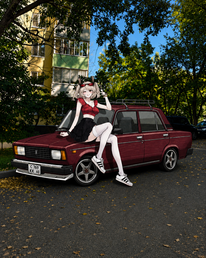 A stylized anime character with pink hair and a red-and-black outfit sits on the front of a dark red sedan parked outdoors on a street with trees, buildings, and blue sky in the background.