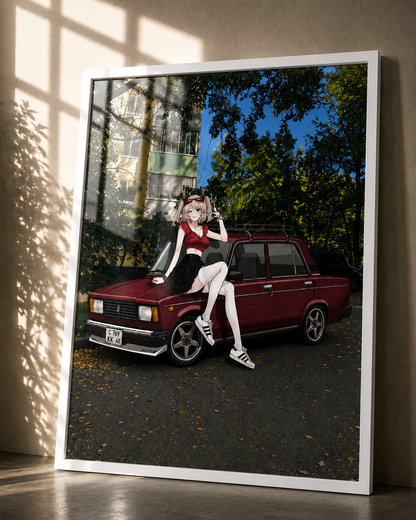 A framed art print leaning against a wall in a room. The print features an anime-style character with pink hair sitting on the hood of a dark red vintage sedan, with trees and a building in the background.
