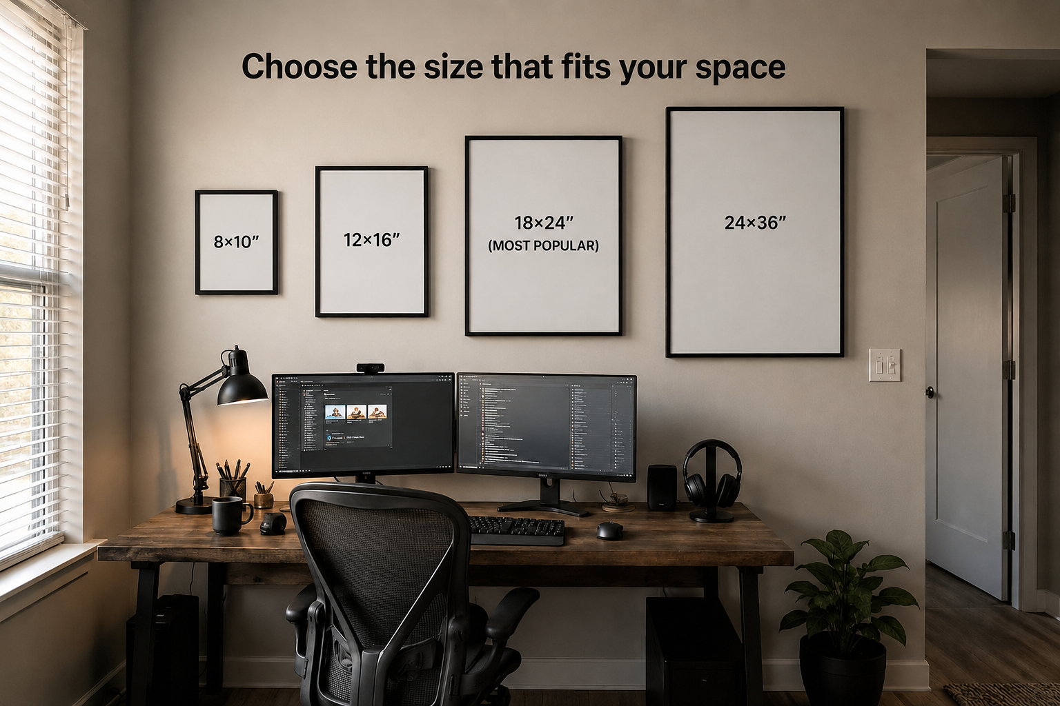 Home office setup with a desk, computer monitors, and framed picture sizes displayed on the wall.