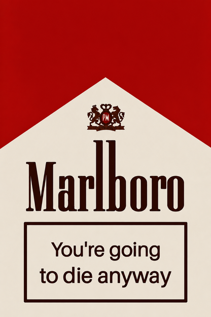 A parody-style Marlboro cigarette pack graphic with a red top section, cream lower section, the Marlboro logo and crest, and the text 'You're going to die anyway' inside a border.